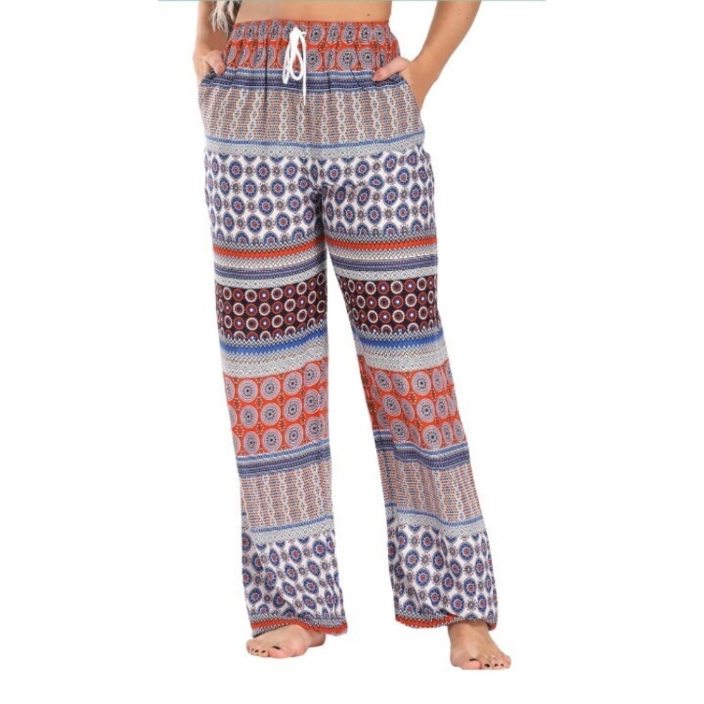 Urban Coco Womens XL Boho Wide Leg Pants Orange Blue Geometric Print Rayon NWT